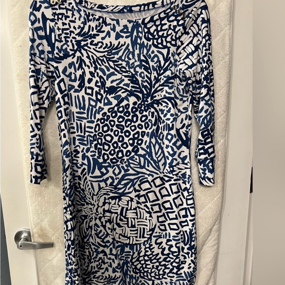Lilly Pulitzer Blue and White Sheath Dress with Bateau Neckline